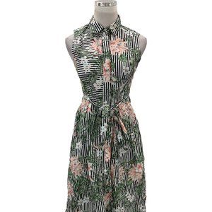 MANGO Floral print black white stripe button down dress